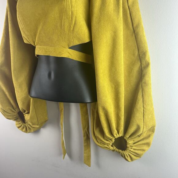 HYFVE Top Cropped Ballon Sleeve Corduroy Smocked Mustard Yellow Tie Back - Picture 4 of 10